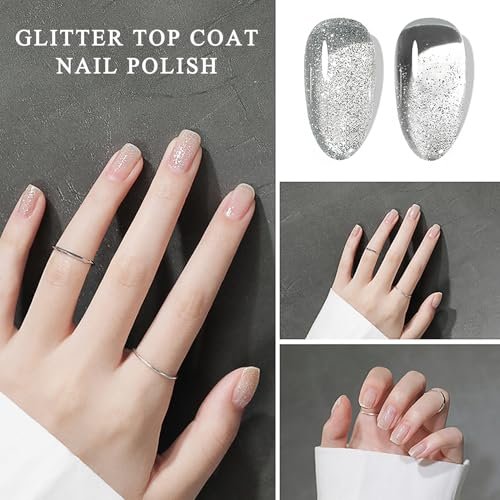 NovaCharm Clear Sparkle Nail Polish - Quick Dry Glitter Top Coat, 12ml Silver Holographic Shimmer Nail Lacquer (No UV Needed) Avelisse