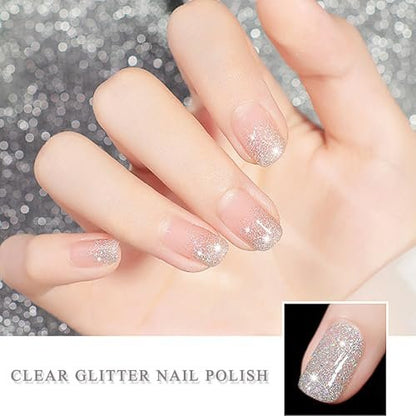 NovaCharm Clear Sparkle Nail Polish - Quick Dry Glitter Top Coat, 12ml Silver Holographic Shimmer Nail Lacquer (No UV Needed) Avelisse