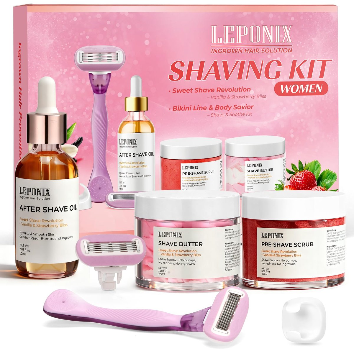 Luxury Women's Complete Shaving Kit - 5 Piece Strawberry Vanilla Set with Razor & Holder | Pre-Shave Scrub, Cream, Aftershave Oil by LEPONIX Avelisse