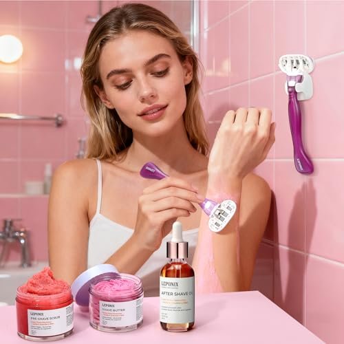 Luxury Women's Complete Shaving Kit - 5 Piece Strawberry Vanilla Set with Razor & Holder | Pre-Shave Scrub, Cream, Aftershave Oil by LEPONIX Avelisse