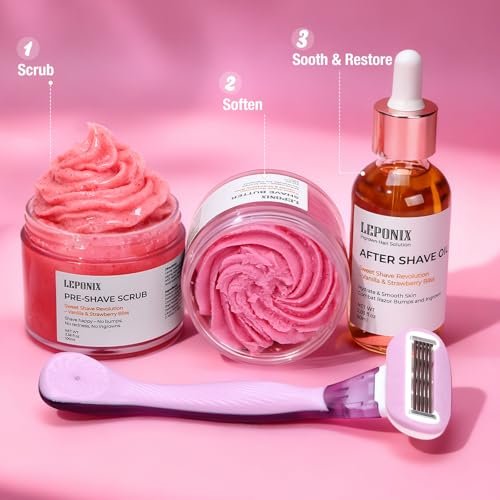 Luxury Women's Complete Shaving Kit - 5 Piece Strawberry Vanilla Set with Razor & Holder | Pre-Shave Scrub, Cream, Aftershave Oil by LEPONIX Avelisse