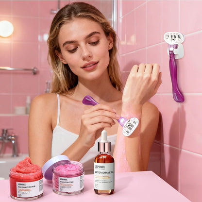 Luxury Women's Complete Shaving Kit - 5 Piece Strawberry Vanilla Set with Razor & Holder | Pre-Shave Scrub, Cream, Aftershave Oil by LEPONIX Avelisse