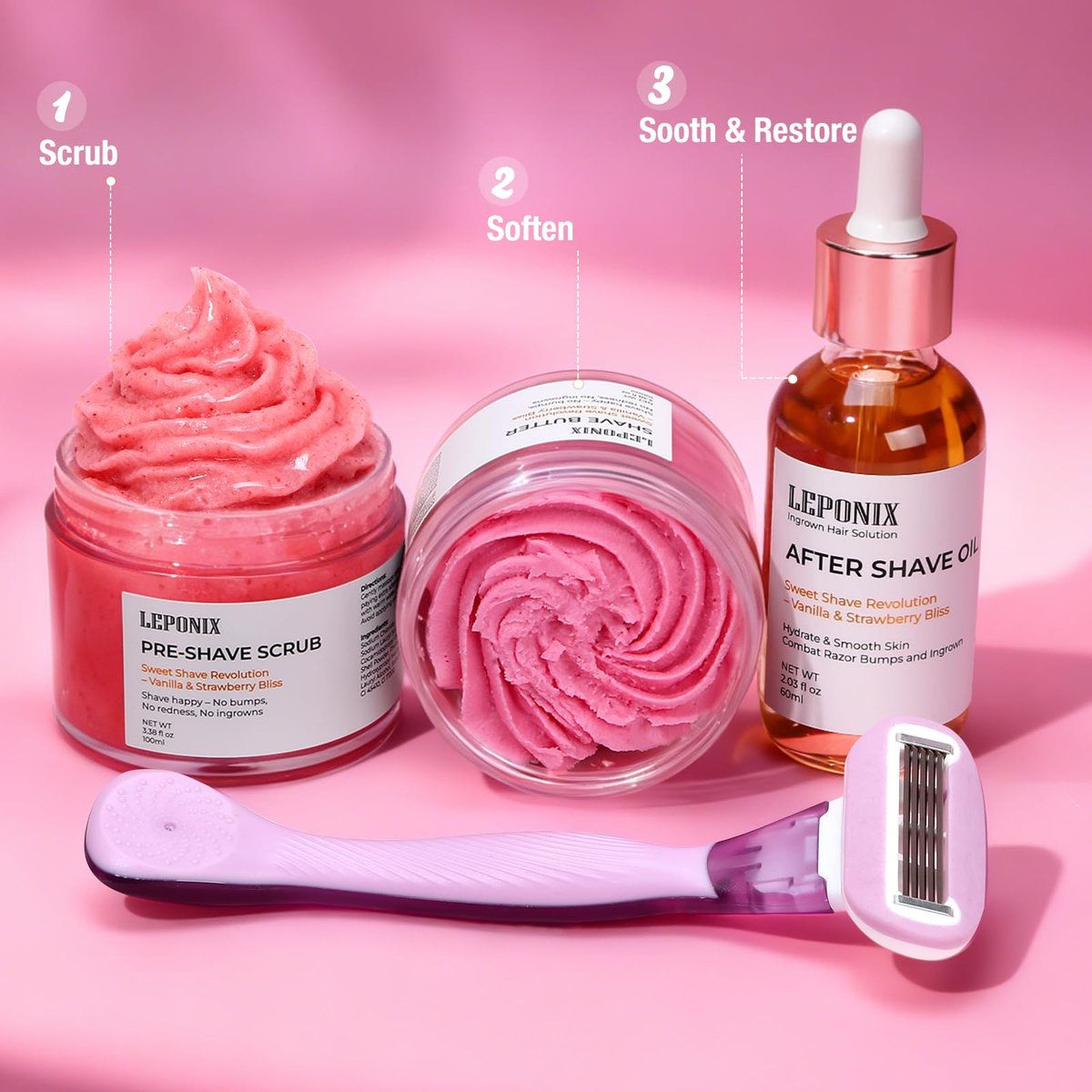 Luxury Women's Complete Shaving Kit - 5 Piece Strawberry Vanilla Set with Razor & Holder | Pre-Shave Scrub, Cream, Aftershave Oil by LEPONIX Avelisse