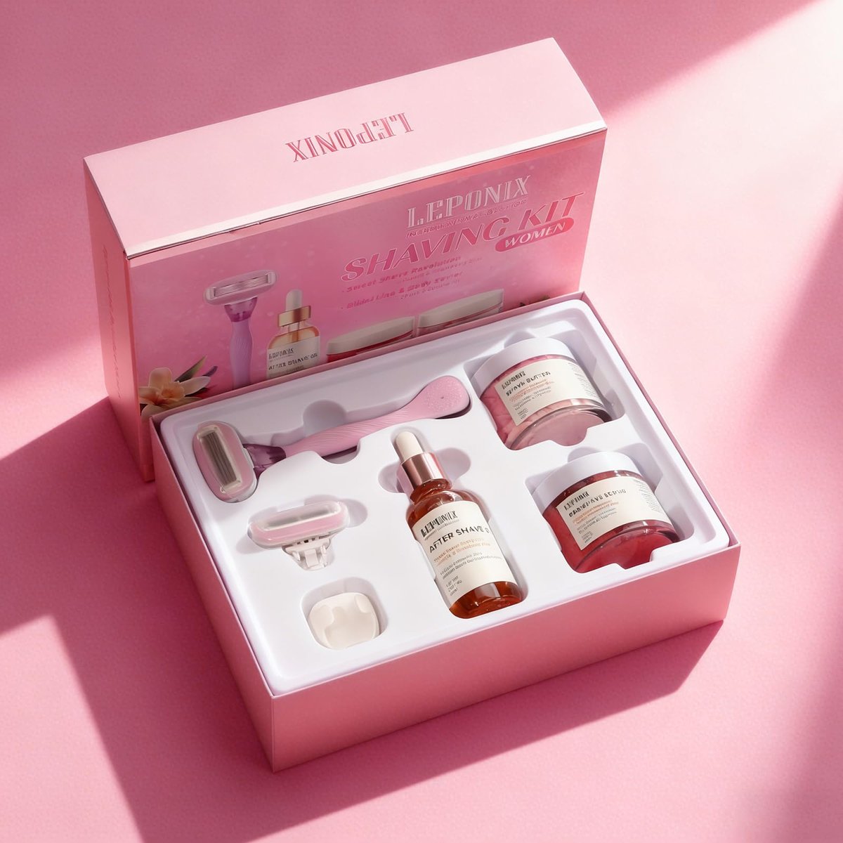 Luxury Women's Complete Shaving Kit - 5 Piece Strawberry Vanilla Set with Razor & Holder | Pre-Shave Scrub, Cream, Aftershave Oil by LEPONIX Avelisse