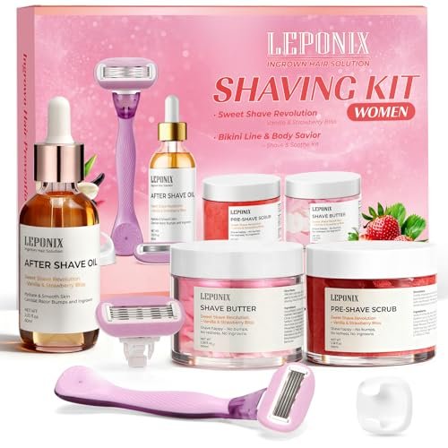 Luxury Women's Complete Shaving Kit - 5 Piece Strawberry Vanilla Set with Razor & Holder | Pre-Shave Scrub, Cream, Aftershave Oil by LEPONIX Avelisse