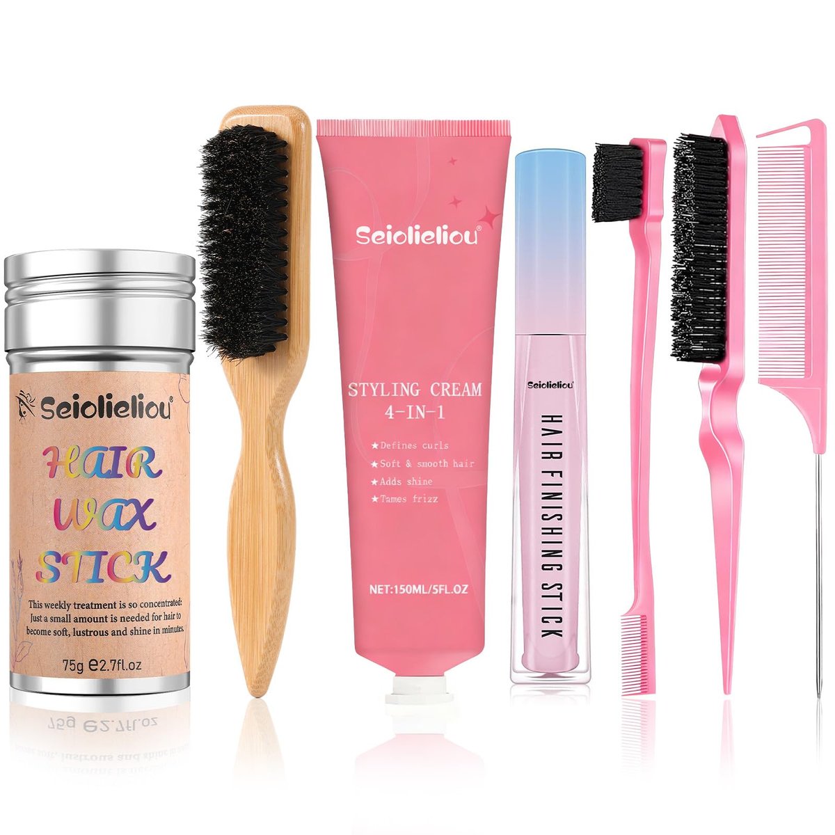 Seiolieliou 4-in-1 Hair Styling Cream Set – Professional Finishing Stick, Wax, Boar Bristle Brush & 3 Combs for Frizz Control, Shine & Hold Avelisse