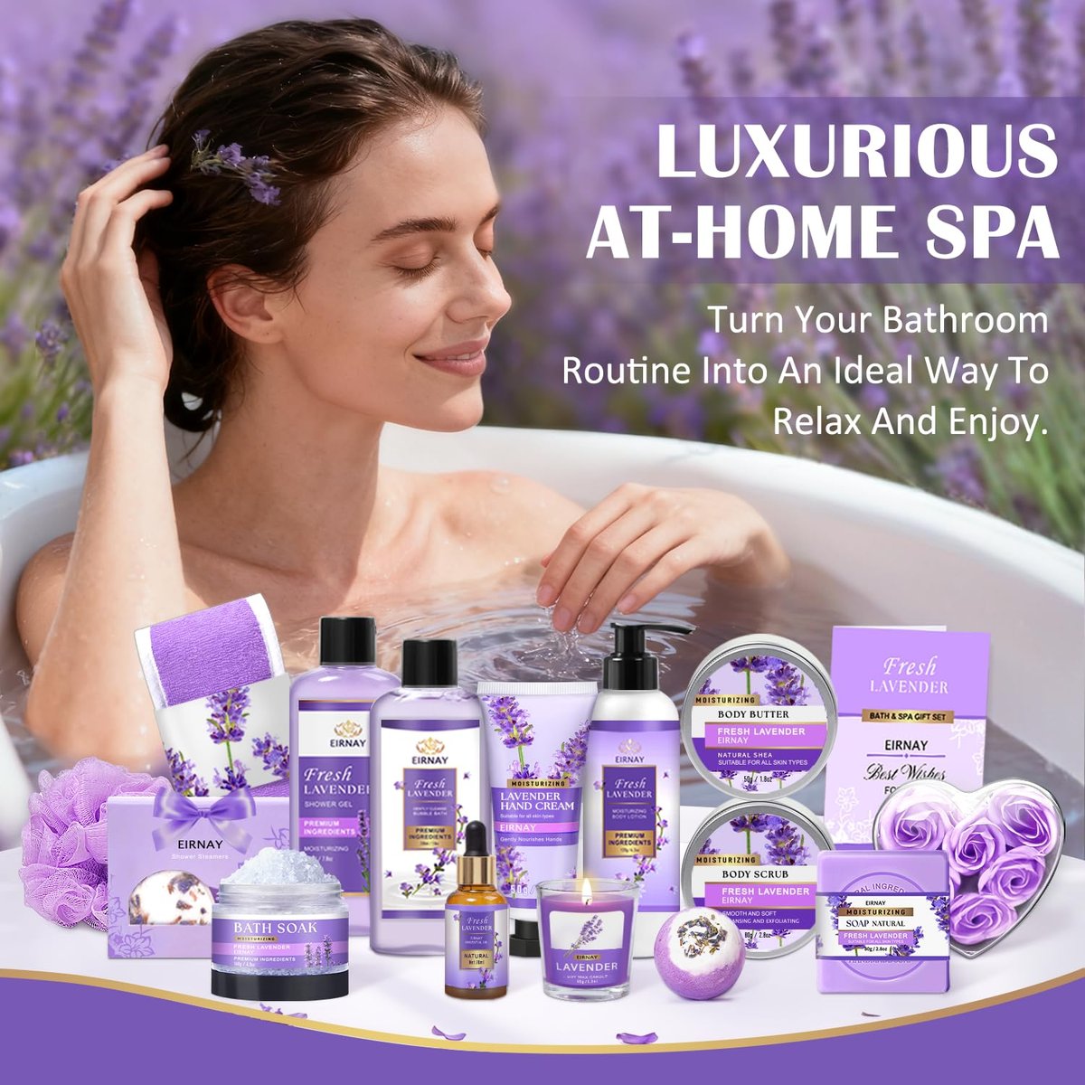17-Piece Lavender Spa Gift Basket for Women – Relaxing Bath Set with Body Lotion, Bubble Bath & More Avelisse