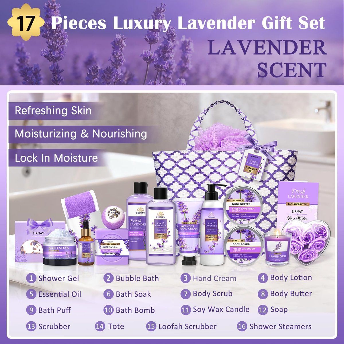 17-Piece Lavender Spa Gift Basket for Women – Relaxing Bath Set with Body Lotion, Bubble Bath & More Avelisse