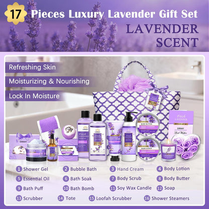17-Piece Lavender Spa Gift Basket for Women – Relaxing Bath Set with Body Lotion, Bubble Bath & More Avelisse