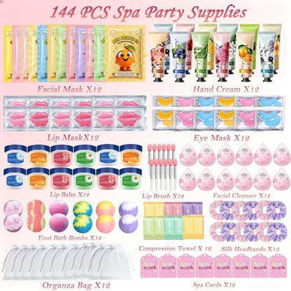 144 PCS Spa Party Supplies for Women - Complete Spa Day Favors Kit with Face Masks, Lip Balm, Under Eye Patches, Foot Bath Bombs & More | Sleepover Birthday Gift Set Avelisse