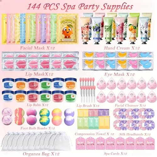 144 PCS Spa Party Supplies for Women - Complete Spa Day Favors Kit with Face Masks, Lip Balm, Under Eye Patches, Foot Bath Bombs & More | Sleepover Birthday Gift Set Avelisse