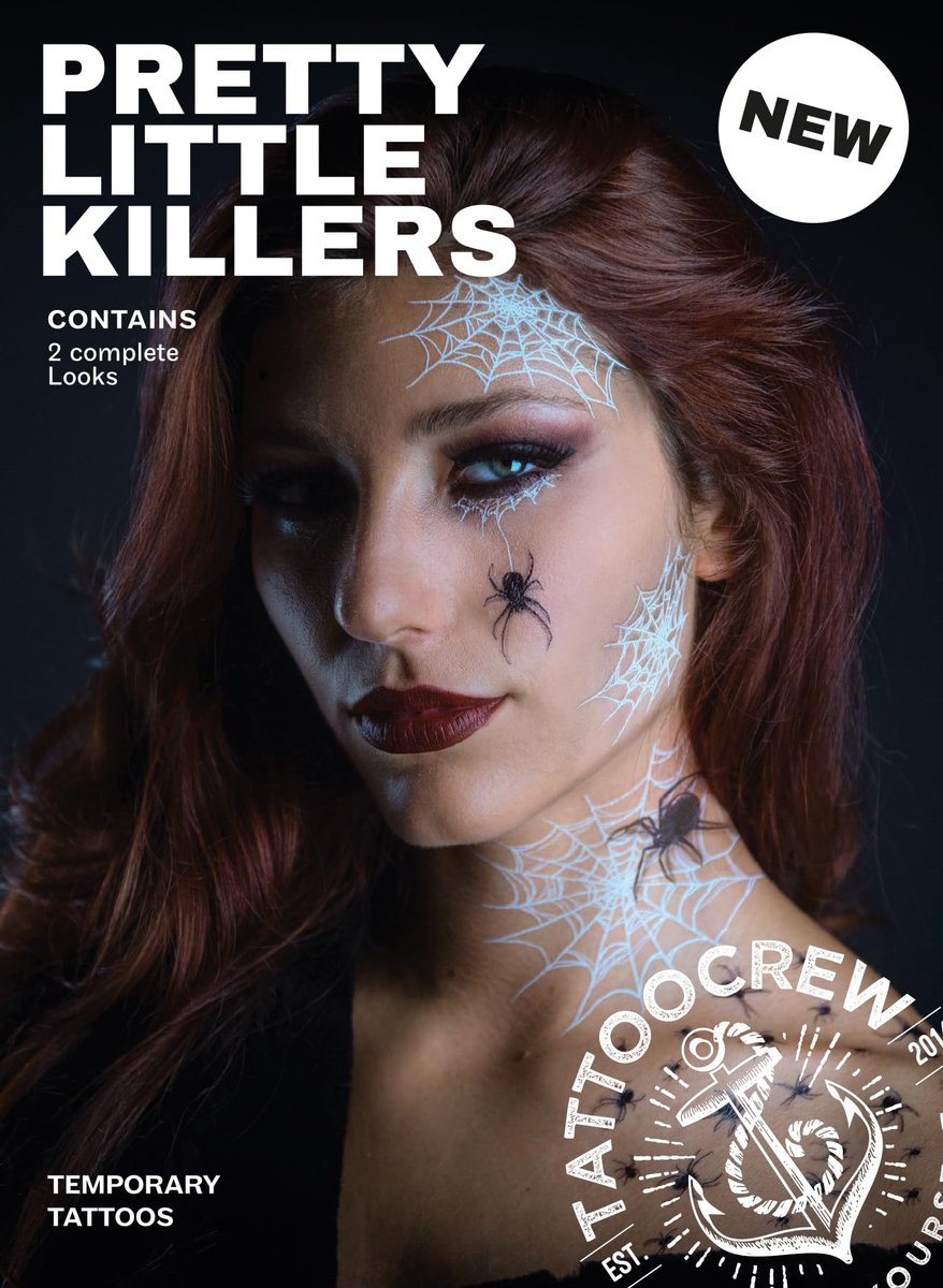 TattooCrew Pretty Little Killers Face Halloween Temporary Tattoos - Spider, Witch, Web, Horror - Large Black (2 Sheets) - görsel 13