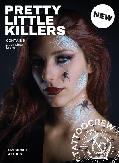 TattooCrew Pretty Little Killers Face Halloween Temporary Tattoos - Spider, Witch, Web, Horror - Large Black (2 Sheets)