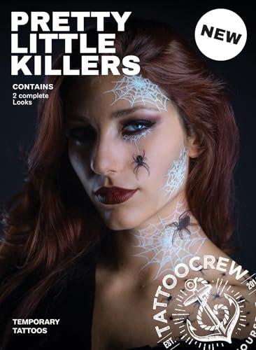 TattooCrew Pretty Little Killers Face Halloween Temporary Tattoos - Spider, Witch, Web, Horror - Large Black (2 Sheets)