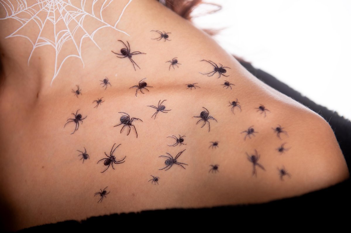 TattooCrew Pretty Little Killers Face Halloween Temporary Tattoos - Spider, Witch, Web, Horror - Large Black (2 Sheets) - görsel 7