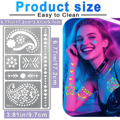 Glow in the Dark Face Paint Markers with 57 Mandala Stencils | UV Neon Body Paint Pens for Glow Parties, Festivals, Halloween