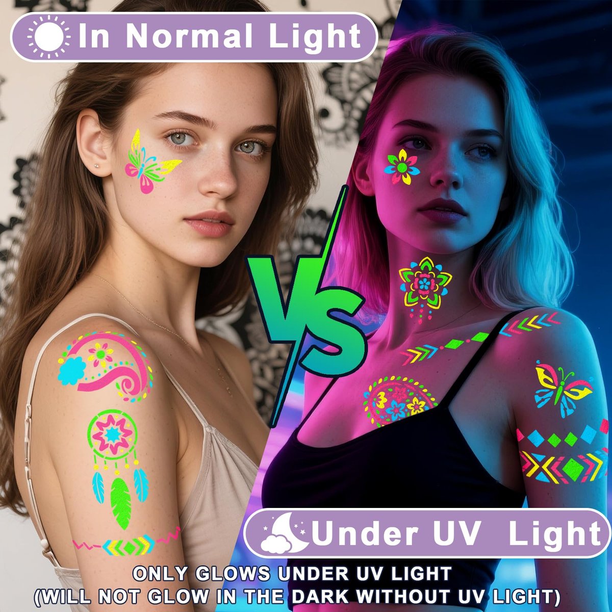 Glow in the Dark Face Paint Markers with 57 Mandala Stencils | UV Neon Body Paint Pens for Glow Parties, Festivals, Halloween - görsel 3