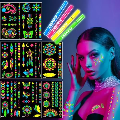 Glow in the Dark Face Paint Markers with 57 Mandala Stencils | UV Neon Body Paint Pens for Glow Parties, Festivals, Halloween - görsel 2