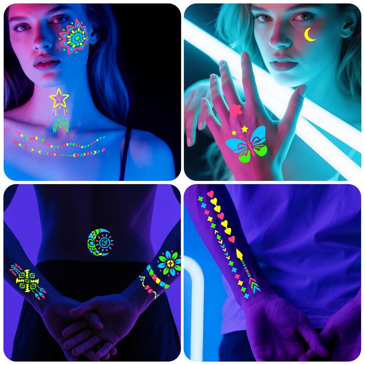 Glow in the Dark Face Paint Markers with 57 Mandala Stencils | UV Neon Body Paint Pens for Glow Parties, Festivals, Halloween - görsel 9