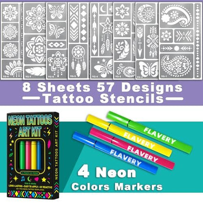 Glow in the Dark Face Paint Markers with 57 Mandala Stencils | UV Neon Body Paint Pens for Glow Parties, Festivals, Halloween
