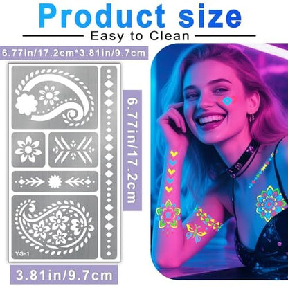 Glow in the Dark Face Paint Markers with 57 Mandala Stencils | UV Neon Body Paint Pens for Glow Parties, Festivals, Halloween