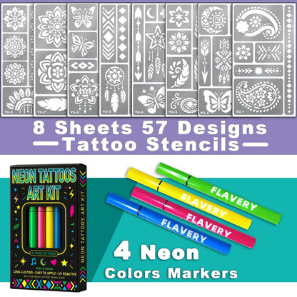 Glow in the Dark Face Paint Markers with 57 Mandala Stencils | UV Neon Body Paint Pens for Glow Parties, Festivals, Halloween