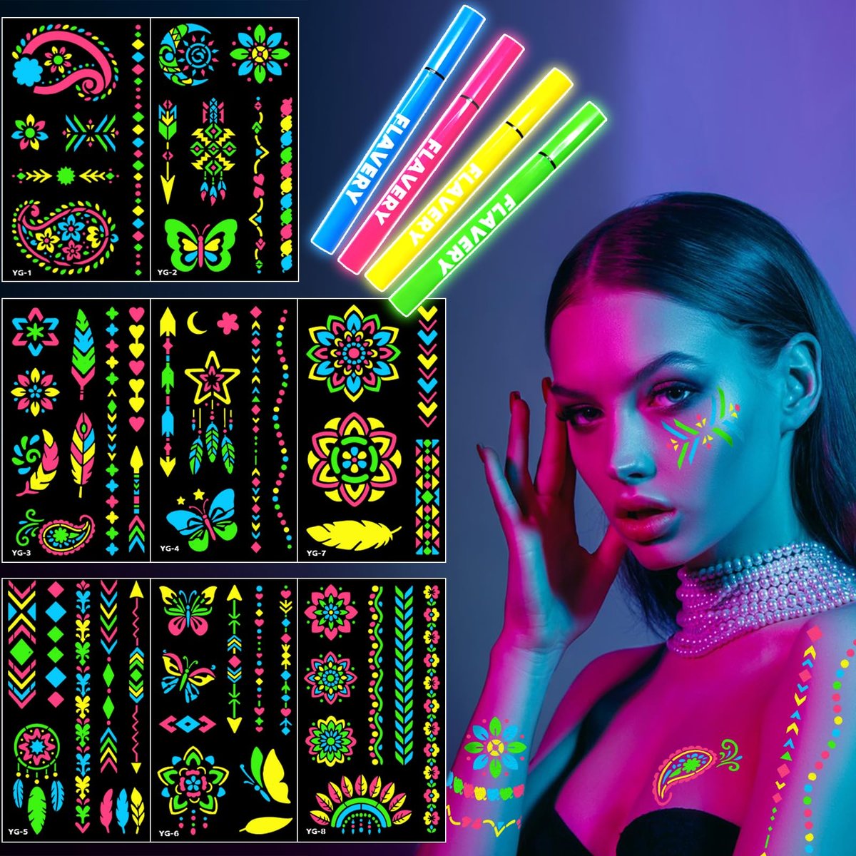 Glow in the Dark Face Paint Markers with 57 Mandala Stencils | UV Neon Body Paint Pens for Glow Parties, Festivals, Halloween - görsel 1