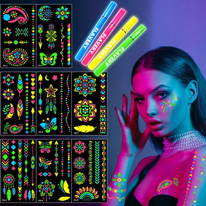 Glow in the Dark Face Paint Markers with 57 Mandala Stencils | UV Neon Body Paint Pens for Glow Parties, Festivals, Halloween