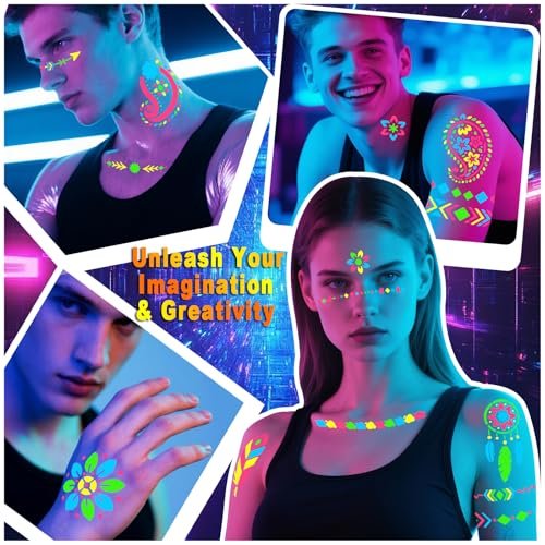 Glow in the Dark Face Paint Markers with 57 Mandala Stencils | UV Neon Body Paint Pens for Glow Parties, Festivals, Halloween - görsel 14