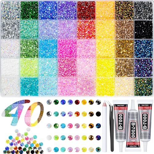 40,000+ Resin Jelly Rhinestones Kit - 3mm Multicolor Flat Back Gems with 3 Bottles B7000 Glue for Bedazzling, Crafts, Nail Art, Clothing, Shoes & Tumblers Avelisse
