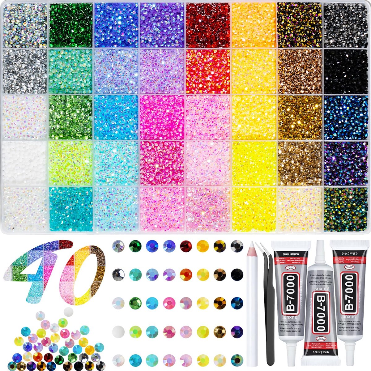 40,000+ Resin Jelly Rhinestones Kit - 3mm Multicolor Flat Back Gems with 3 Bottles B7000 Glue for Bedazzling, Crafts, Nail Art, Clothing, Shoes & Tumblers Avelisse
