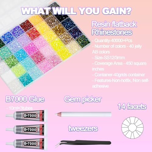 40,000+ Resin Jelly Rhinestones Kit - 3mm Multicolor Flat Back Gems with 3 Bottles B7000 Glue for Bedazzling, Crafts, Nail Art, Clothing, Shoes & Tumblers Avelisse