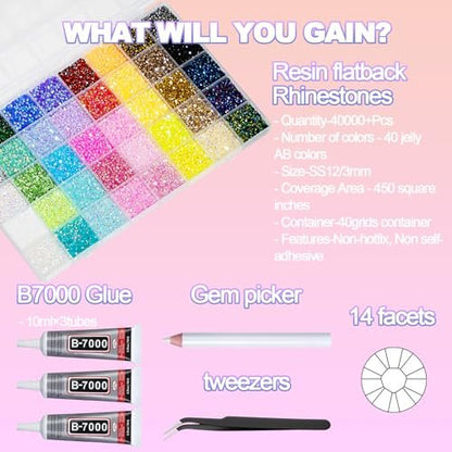 40,000+ Resin Jelly Rhinestones Kit - 3mm Multicolor Flat Back Gems with 3 Bottles B7000 Glue for Bedazzling, Crafts, Nail Art, Clothing, Shoes & Tumblers Avelisse