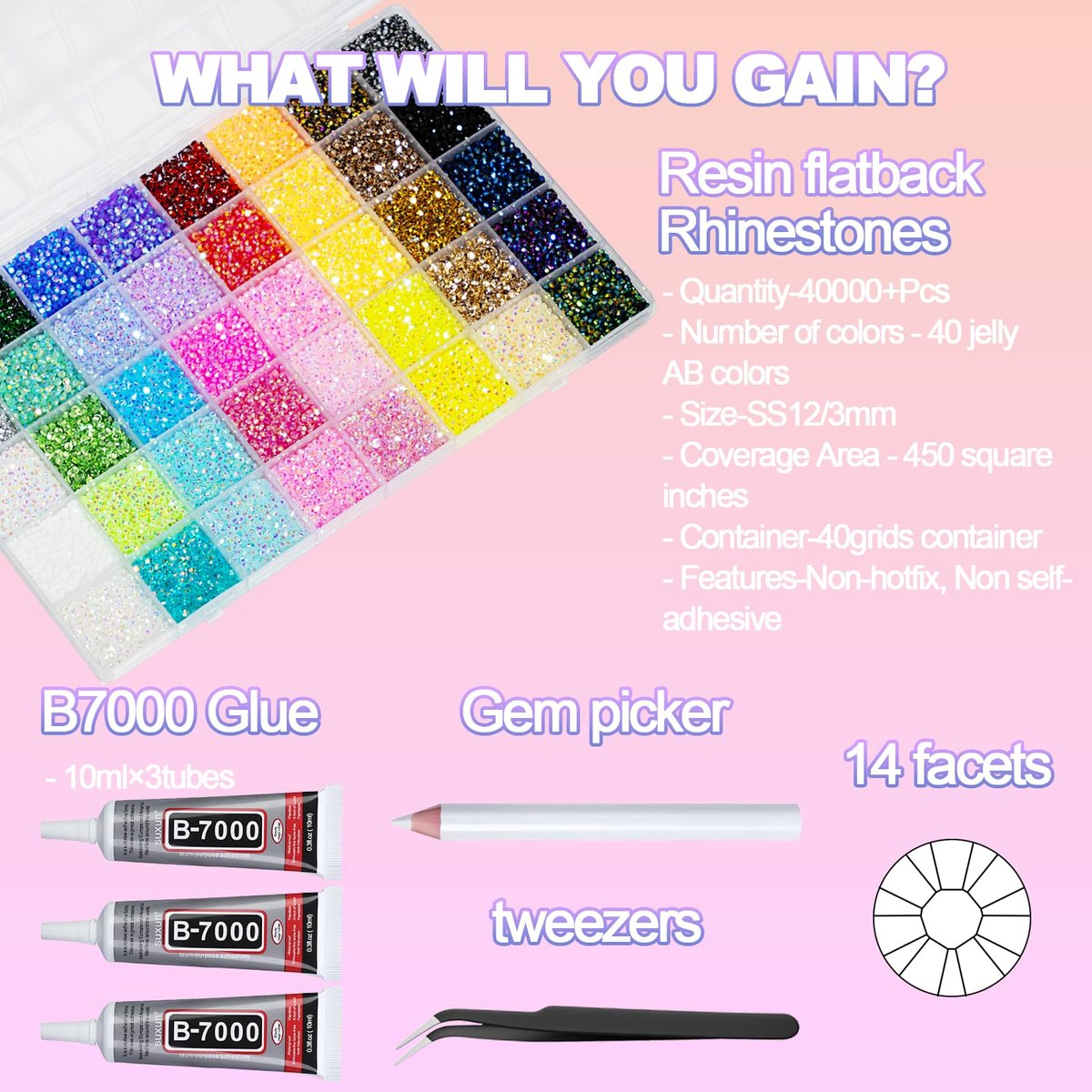40,000+ Resin Jelly Rhinestones Kit - 3mm Multicolor Flat Back Gems with 3 Bottles B7000 Glue for Bedazzling, Crafts, Nail Art, Clothing, Shoes & Tumblers Avelisse