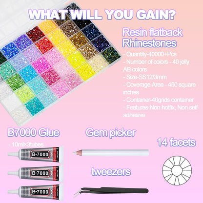 40,000+ Resin Jelly Rhinestones Kit - 3mm Multicolor Flat Back Gems with 3 Bottles B7000 Glue for Bedazzling, Crafts, Nail Art, Clothing, Shoes & Tumblers Avelisse