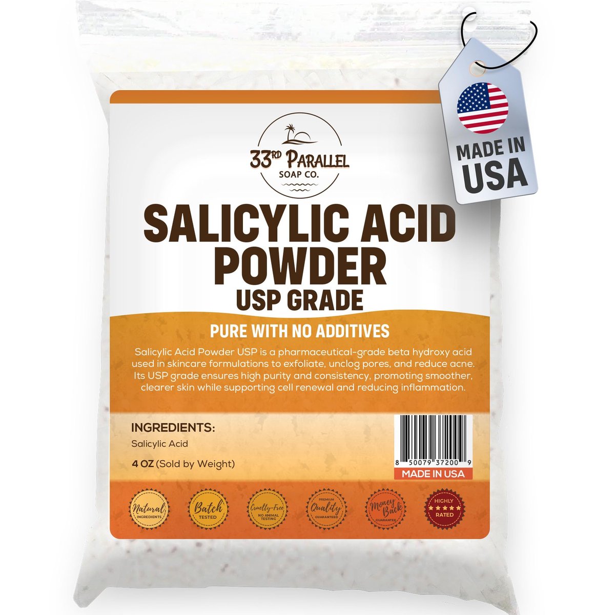 Salicylic Acid Powder USP Grade (4oz) – Professional BHA Exfoliant for DIY Skincare, Serums, Peels & Toners - görsel 1