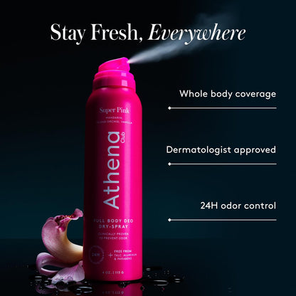 Athena Club Full Body Deo Natural Deodorant Dry Spray for Women, Aluminum Free 360 Degree Whole Body Deodorant, 24 Hour Odor Protection, No Residue, Super Pink Tropical Scent, 4 oz Avelisse