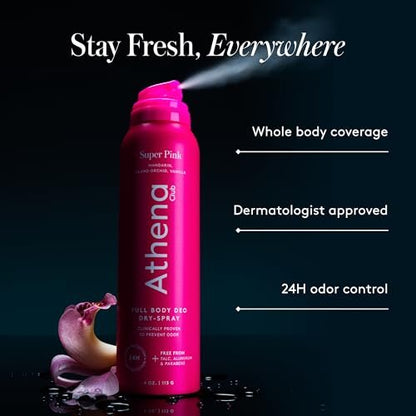 Athena Club Full Body Deo Natural Deodorant Dry Spray for Women, Aluminum Free 360 Degree Whole Body Deodorant, 24 Hour Odor Protection, No Residue, Super Pink Tropical Scent, 4 oz Avelisse
