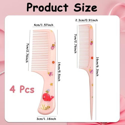 4 Pcs Cute Hair Comb Set for Baby & Kids - Cartoon Fine Tooth Rat Tail Comb for Boys and Girls - Durable Plastic, All Hair Types