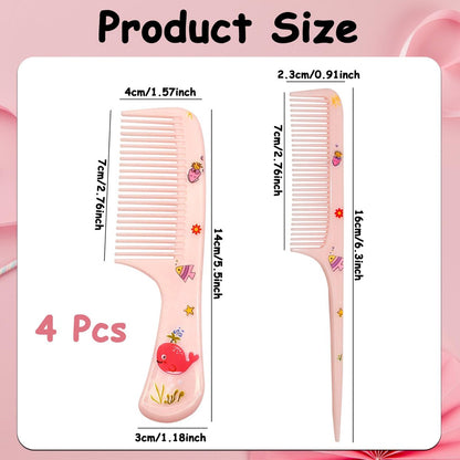 4 Pcs Cute Hair Comb Set for Baby & Kids - Cartoon Fine Tooth Rat Tail Comb for Boys and Girls - Durable Plastic, All Hair Types