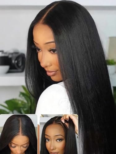 Julia Hair No Slip Yaki Straight 7x5 Lace Closure Glueless Drawstring Wig Pre Everything Bleached Knots Wear and Go Wig, Zero Slip Hold 18 Inch - görsel 2