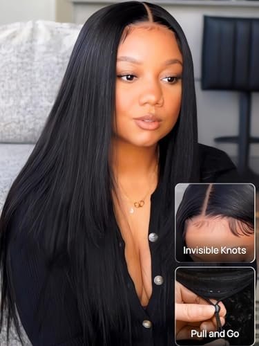 Julia Hair No Slip Yaki Straight 7x5 Lace Closure Glueless Drawstring Wig Pre Everything Bleached Knots Wear and Go Wig, Zero Slip Hold 18 Inch