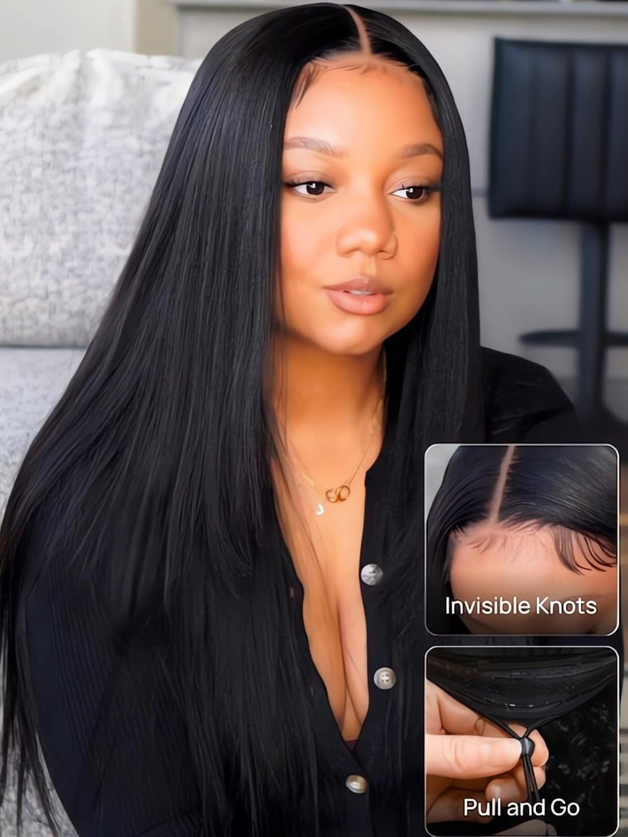 Julia Hair No Slip Yaki Straight 7x5 Lace Closure Glueless Drawstring Wig Pre Everything Bleached Knots Wear and Go Wig, Zero Slip Hold 18 Inch - görsel 3