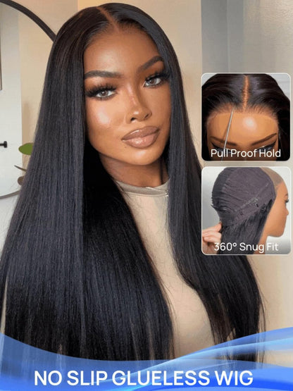 Julia Hair No Slip Yaki Straight 7x5 Lace Closure Glueless Drawstring Wig Pre Everything Bleached Knots Wear and Go Wig, Zero Slip Hold 18 Inch