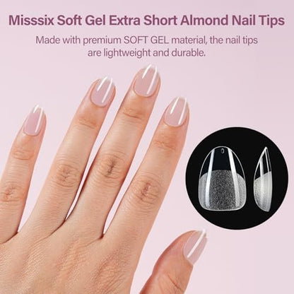 Misssix Extra Short Almond Gel Nail Tips Kit - 360Pcs Clear Acrylic False Nails with 9-in-1 Gel Glue & Mini UV Lamp, 12 Sizes for Women Avelisse