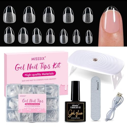 Misssix Extra Short Almond Gel Nail Tips Kit - 360Pcs Clear Acrylic False Nails with 9-in-1 Gel Glue & Mini UV Lamp, 12 Sizes for Women Avelisse