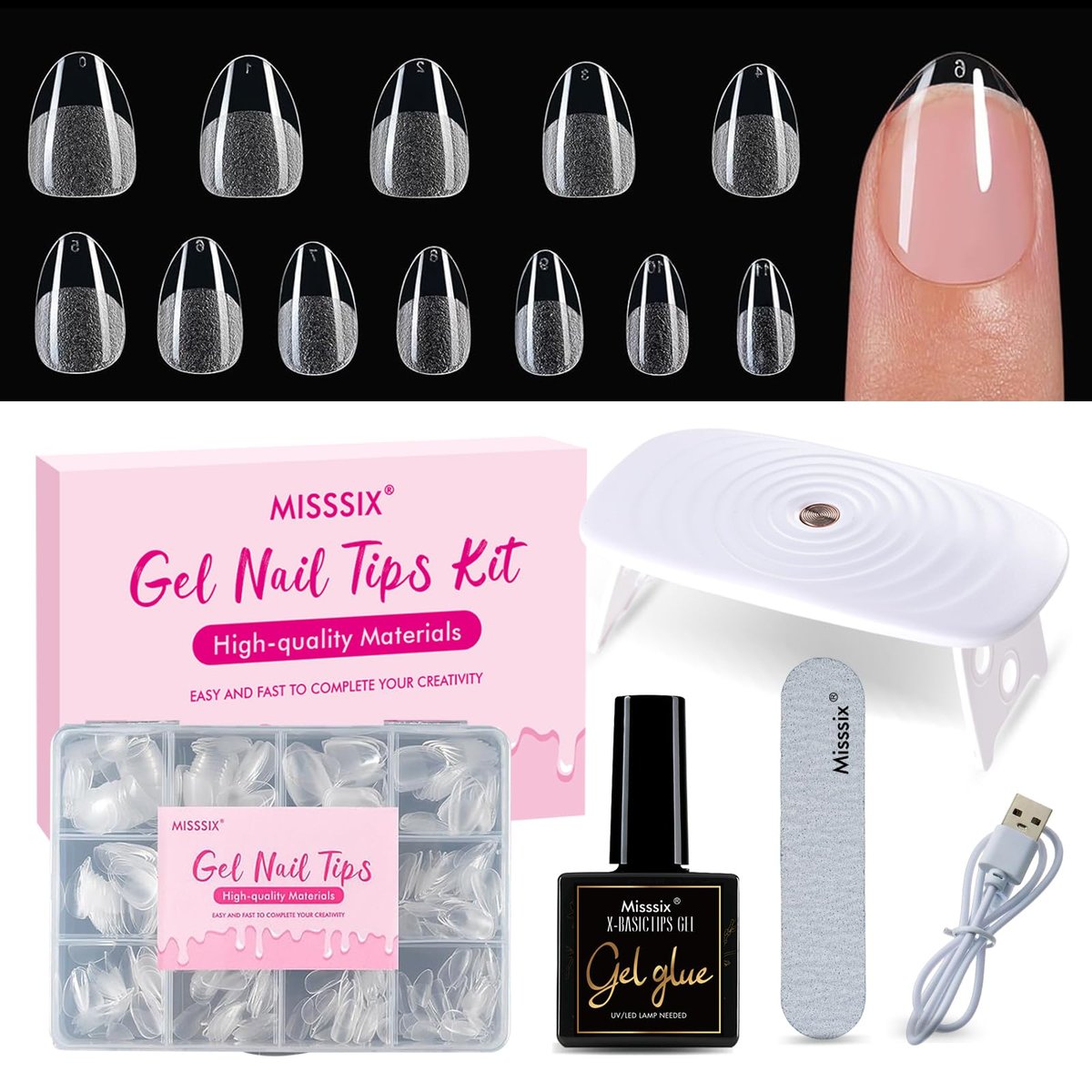 Misssix Extra Short Almond Gel Nail Tips Kit - 360Pcs Clear Acrylic False Nails with 9-in-1 Gel Glue & Mini UV Lamp, 12 Sizes for Women Avelisse