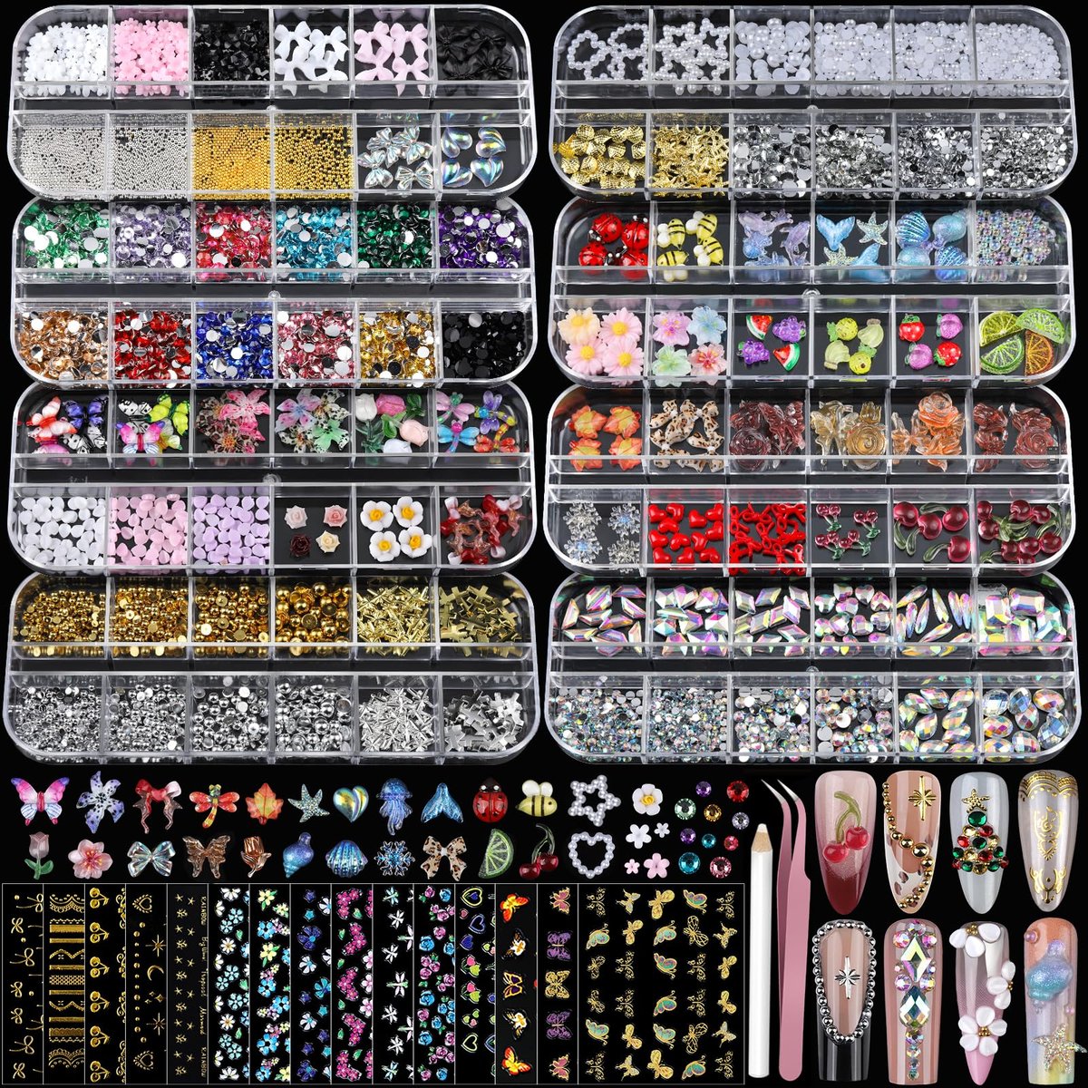 Teentior Nail Charms & Nail Stickers with Gems Kit – 8 Boxes of Gold Rhinestones, Pearls & 3D Nail Art Decorations for Women - görsel 1