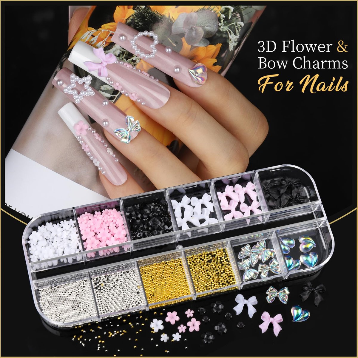 Teentior Nail Charms & Nail Stickers with Gems Kit – 8 Boxes of Gold Rhinestones, Pearls & 3D Nail Art Decorations for Women - görsel 11
