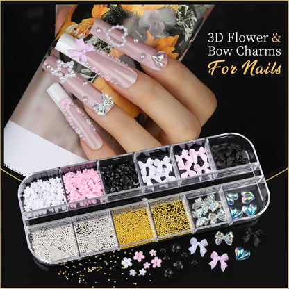 Teentior Nail Charms & Nail Stickers with Gems Kit – 8 Boxes of Gold Rhinestones, Pearls & 3D Nail Art Decorations for Women
